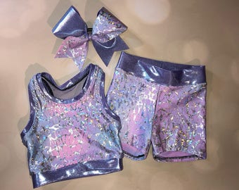 The "Faye" Lavender Mesh Back Pastel sport bra, spandex shorts with optional matching Cheer Bow set / shorts / girls dance costume