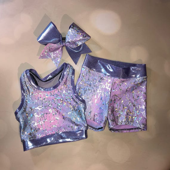 The faye Lavender Mesh Back Pastel Sport Bra, Spandex Shorts With Optional  Matching Cheer Bow Set / Shorts / Girls Dance Costume 