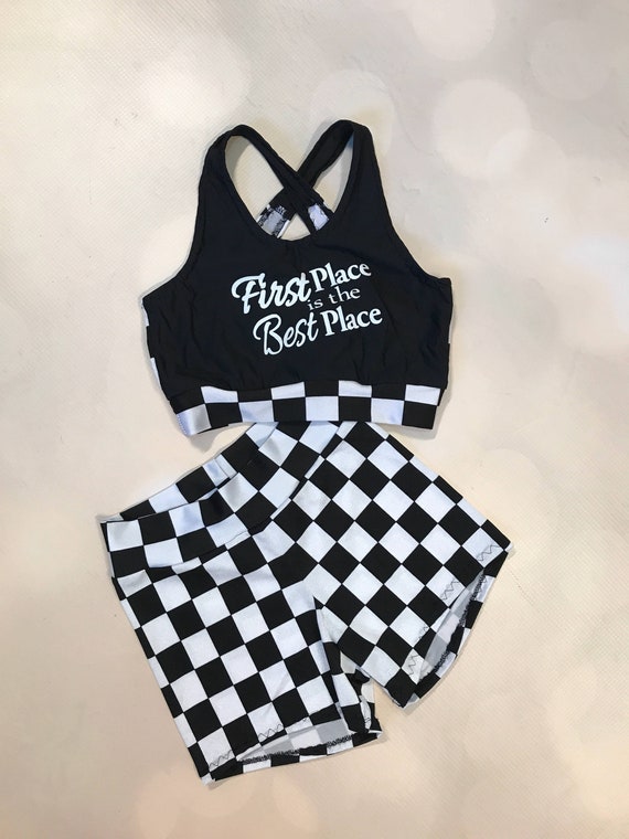The winner's Circle Sports Bra, Checkered Shorts, and Optional