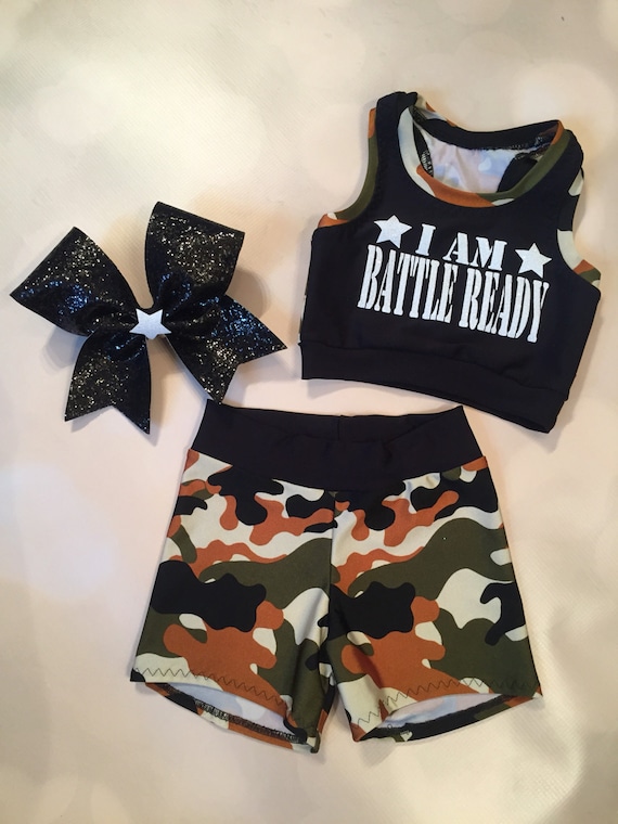 The taylor Camo Sports Bra, Spandex Shorts, and Optional Matching Cheer Bow  / I Am Ready / Dancewear / Matching Crop Top / Camouflage 