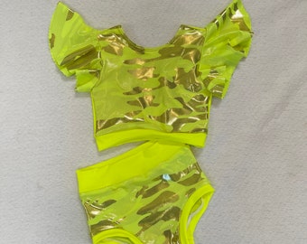 The "Pasha" Neon Yellow Girls Flutter Sleeve V-Back Brief Dancewear / Pageant Wear / Stage Outfit / Dance Convention