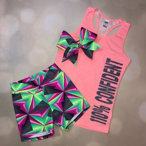 The &quot;Confident&quot; Lace Back tank, Sports Bra, Spandex Shorts, and optional matching cheer bow / Girls Dancewear / Cheer Sports Bra