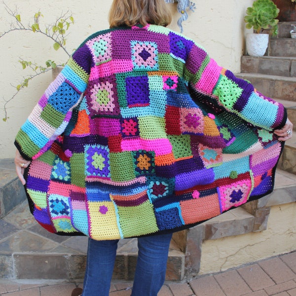 Crochet jacket , Granny Square coat , Textured jacket , Crochet coat , Cardigan , Vintage style jacket , Colorful coat
