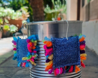 Bunte Ohrringe, Upcycled Denim, Handgemachte Ohrringe.