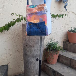 Hand painted bag, Denim bag, Fabric art bag, Arty bag, Recycled denim, Wearable art, Shoulder bag.