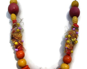 Orange and Yellow Necklace , Textile Necklace , Funky necklace , Fabric jewelry , OOAK necklace , Ethnic necklace , Beads from Africa.