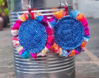 Bunte Ohrringe, Upcycled Denim, Handgemachte Ohrringe.