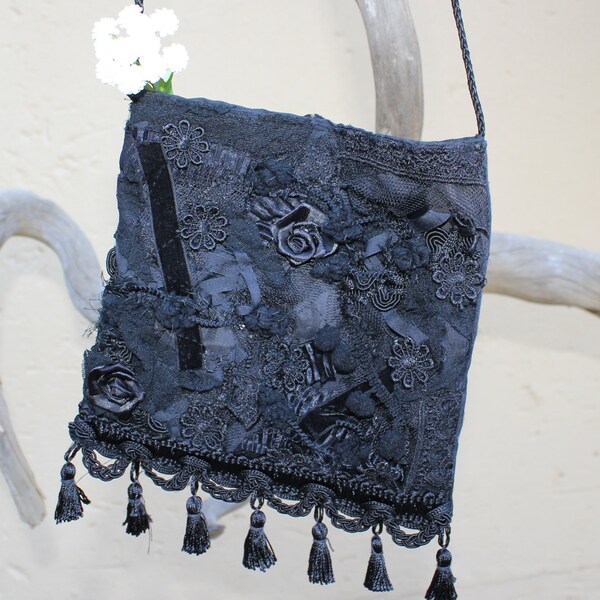 Black purse , Small bag , Pouch , Evening bag , Ladies purse , Textured evening pouch , Embellished bag ,Applique pouch .