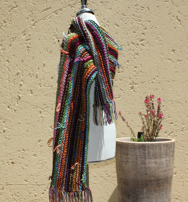 Womens textured scarf , Multi colored scarf , Warm cosy scarf , Chunky scarf , Student gift , Long scarf , Hippie chic scarf , RAINBOW image 2