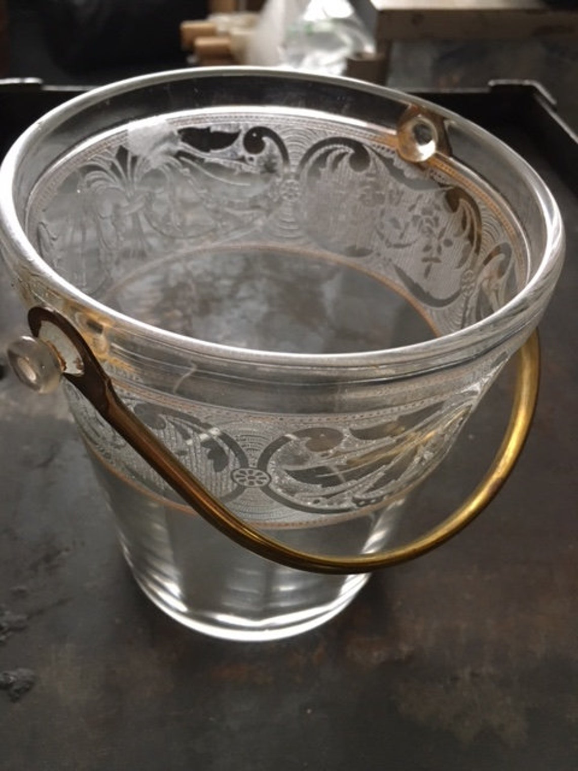 Vintage Etched Glass Ice Bucket With Brass Handle Etsy