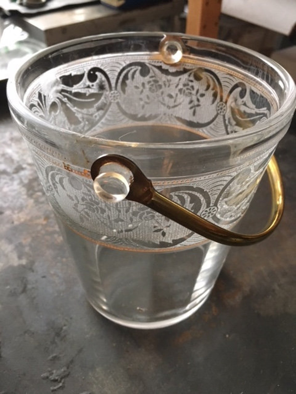 Vintage Etched Glass Ice Bucket With Brass Handle Etsy