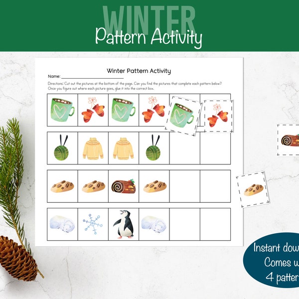 Winter Pattern Worksheet, Building Repeating Patterns, Educational Activity,   Four Pattern Types, Printable, Instant Digital Download