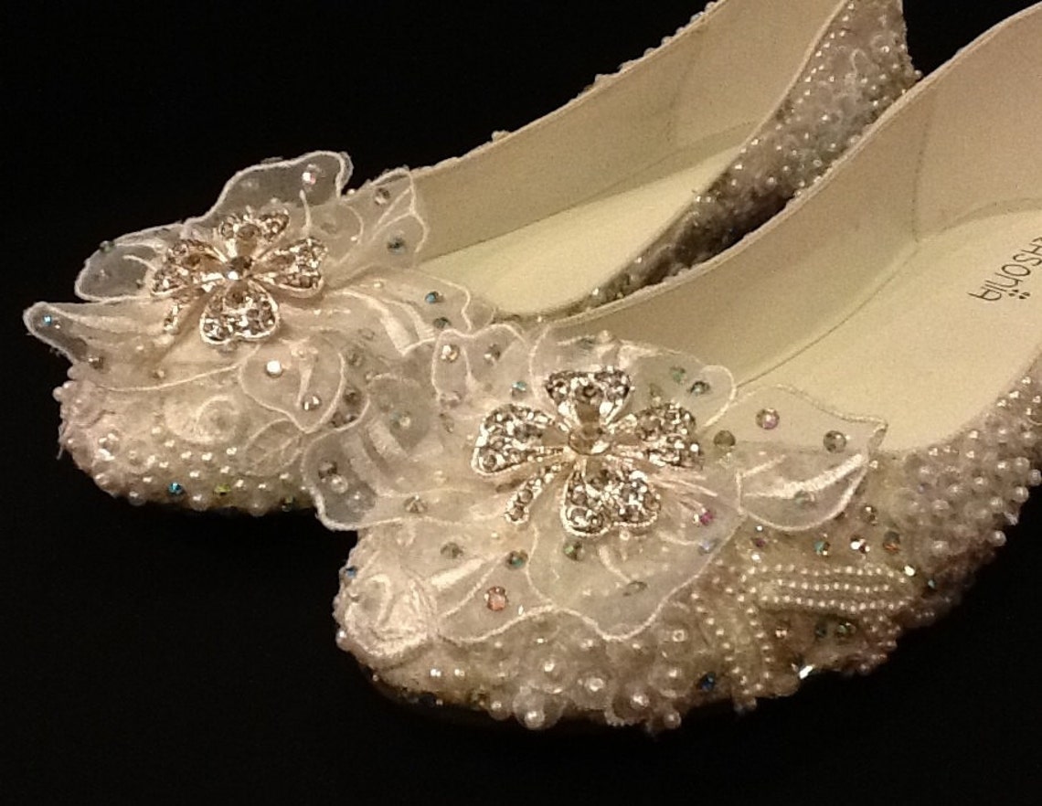 Plus Size Wedding Shoes Bridal Ballet Flats Rhinestones Pearls | Etsy