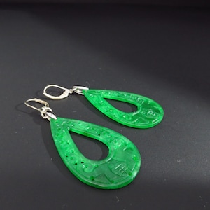 Fantastic earrings hand-engraved jade with intense green color ear hooks and bails 925 Sterling Silver rhodium plated both sides carved