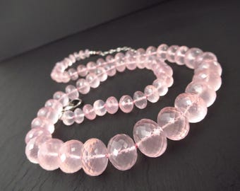 Rozenkwarts ketting, lange zilveren rozenkwarts ketting, roze rozenkwarts edelsteen, zilveren rhodium-geplateerde stenen ketting, zijden rozenkwarts kralenketting
