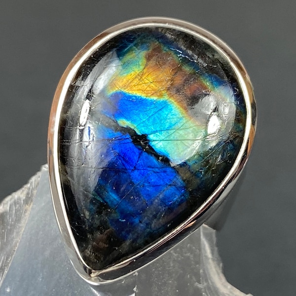 Colorful spectrolite ring in solid sterling silver setting