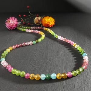 Long Colorful tourmaline gemstone necklace  watermelon green pink yellow smooth tourmaline / gemstone necklace natural untreated beads
