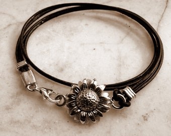 Silver and leather sunflower bracelet