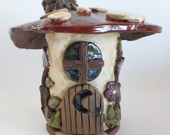 Mushroom Cottage Incense Burner Sculpture Folk Art Clay Pottery by Dee Burrow