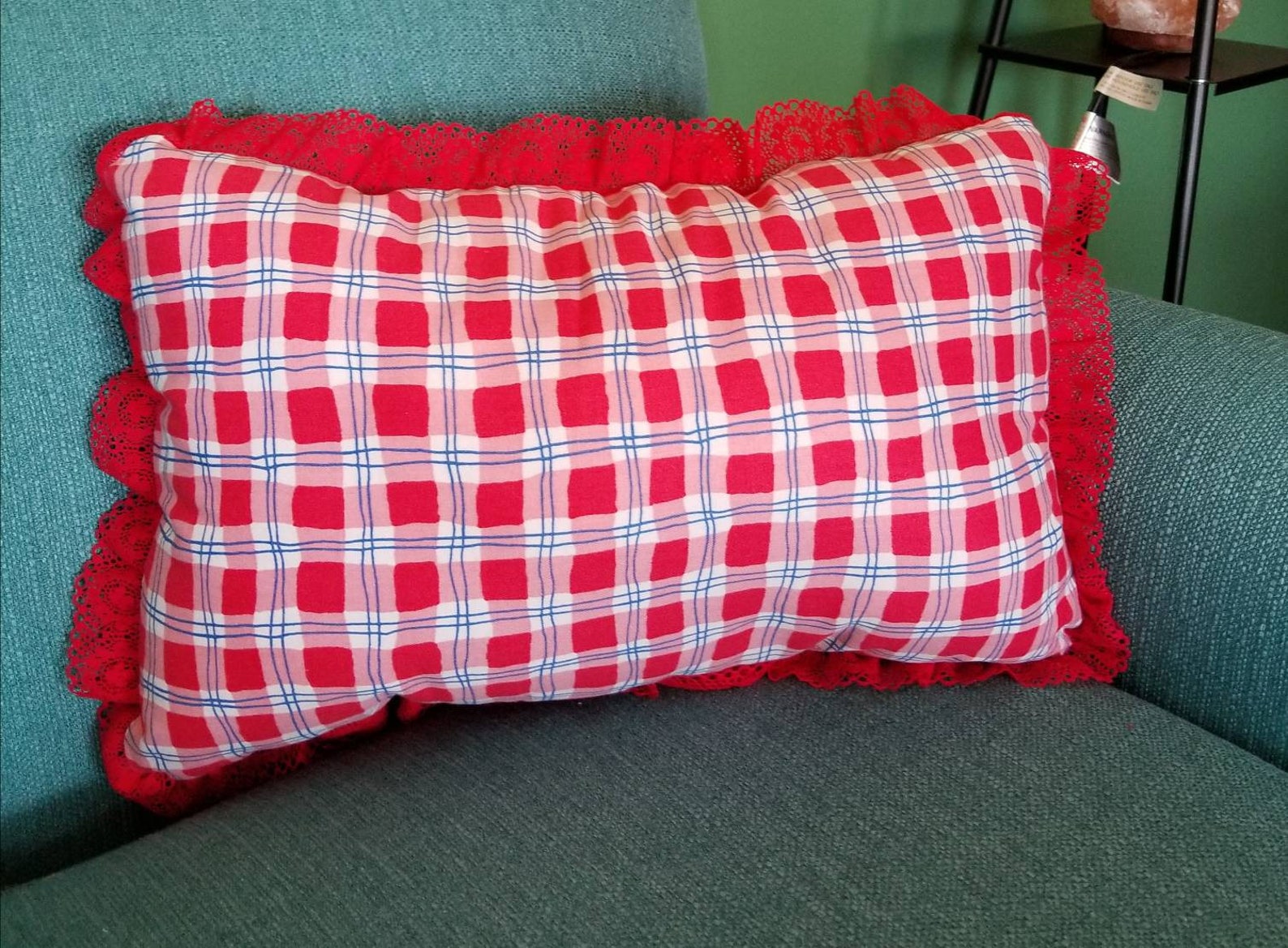 Red checked lace Pillow/ Handmade red checked pillow/ red Etsy