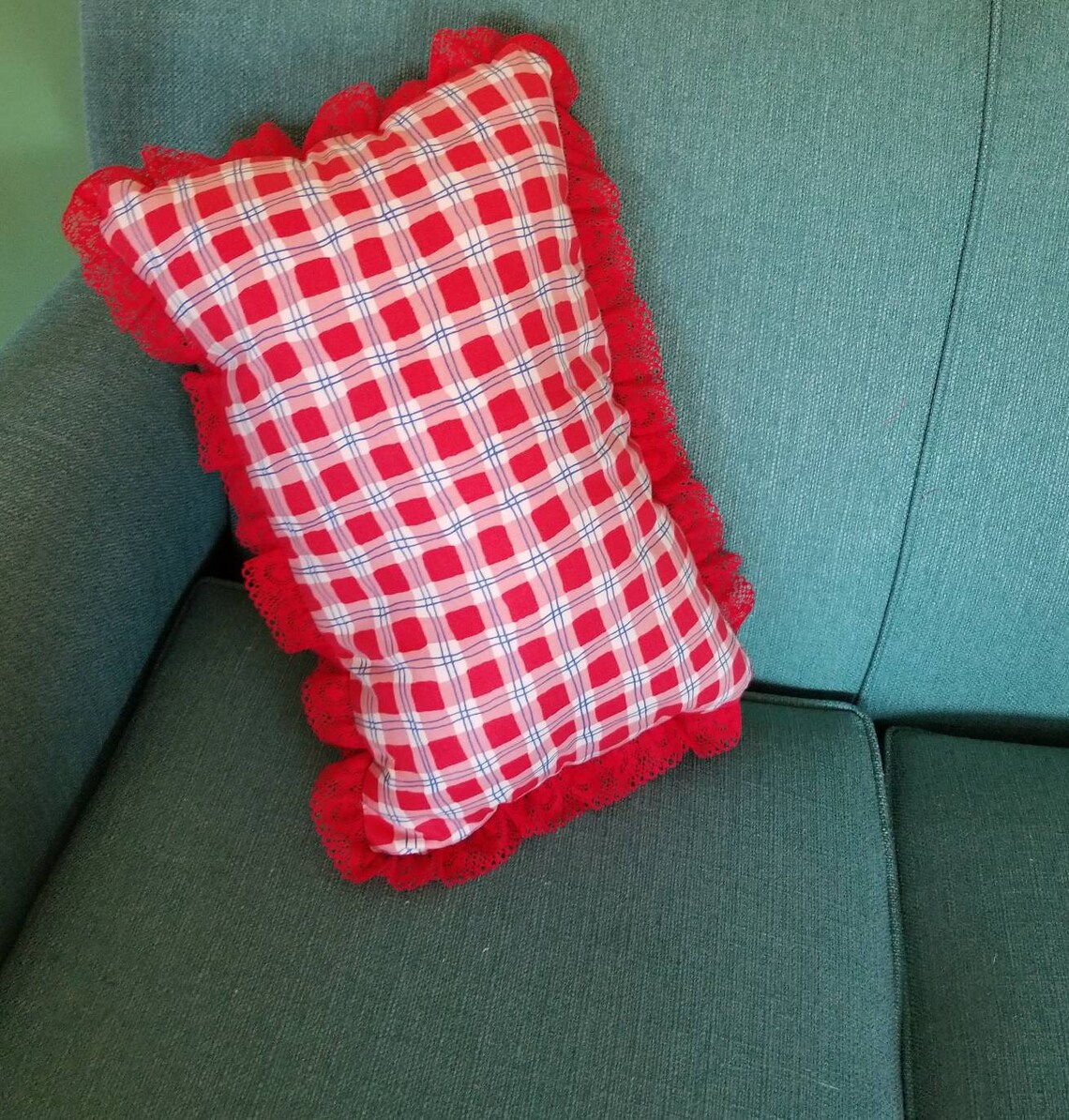 Red checked lace Pillow/ Handmade red checked pillow/ red Etsy