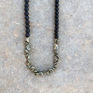 Long Black Neckace, Lava Beaded Necklace, Long Boho Necklace, Long Stone Necklace, Pyrite Necklace, Lava Bracelet, Rough Stone Necklace