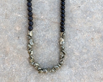 Long Black Neckace, Lava Beaded Necklace, Long Boho Necklace, Long Stone Necklace, Pyrite Necklace, Lava Bracelet, Rough Stone Necklace