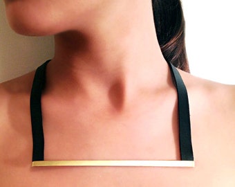 Women Bronze Necklace, Bronze Leather Necklace, Bronze Bar Necklace, Modern Necklace, Minimalist Necklace, Gift for Her, Cool Necklace