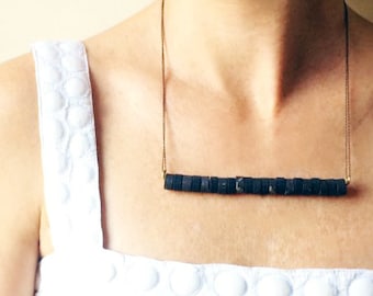 Short Bar Necklace, Gemstone Strip Necklace, Lava Necklace, Rusty Necklace, Wabi Jewelry, Geometric Statement Necklace, Black Black Necklace