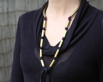 Open Collar Tassel Necklace, Statement Choker Necklace, Black and Gold Boho Necklace, Design Statement Jewelry, Contemporary