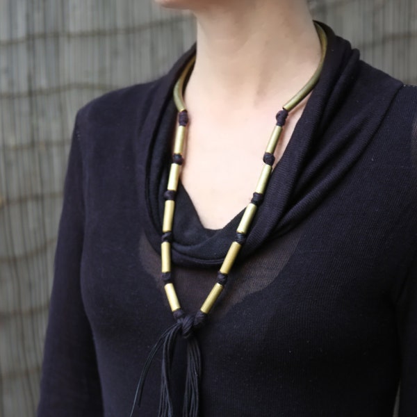 Open Collar Tassel Necklace, Statement Choker Necklace, Black and Gold Boho Necklace, Design Statement Jewelry, Contemporary