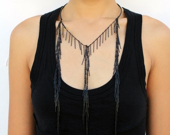 Black Fringe Necklace, Big Necklace, Black Necklace, Long Fringe Necklace, Bib Necklace, Statement choker, Stick Bar Choker Necklace, Boho