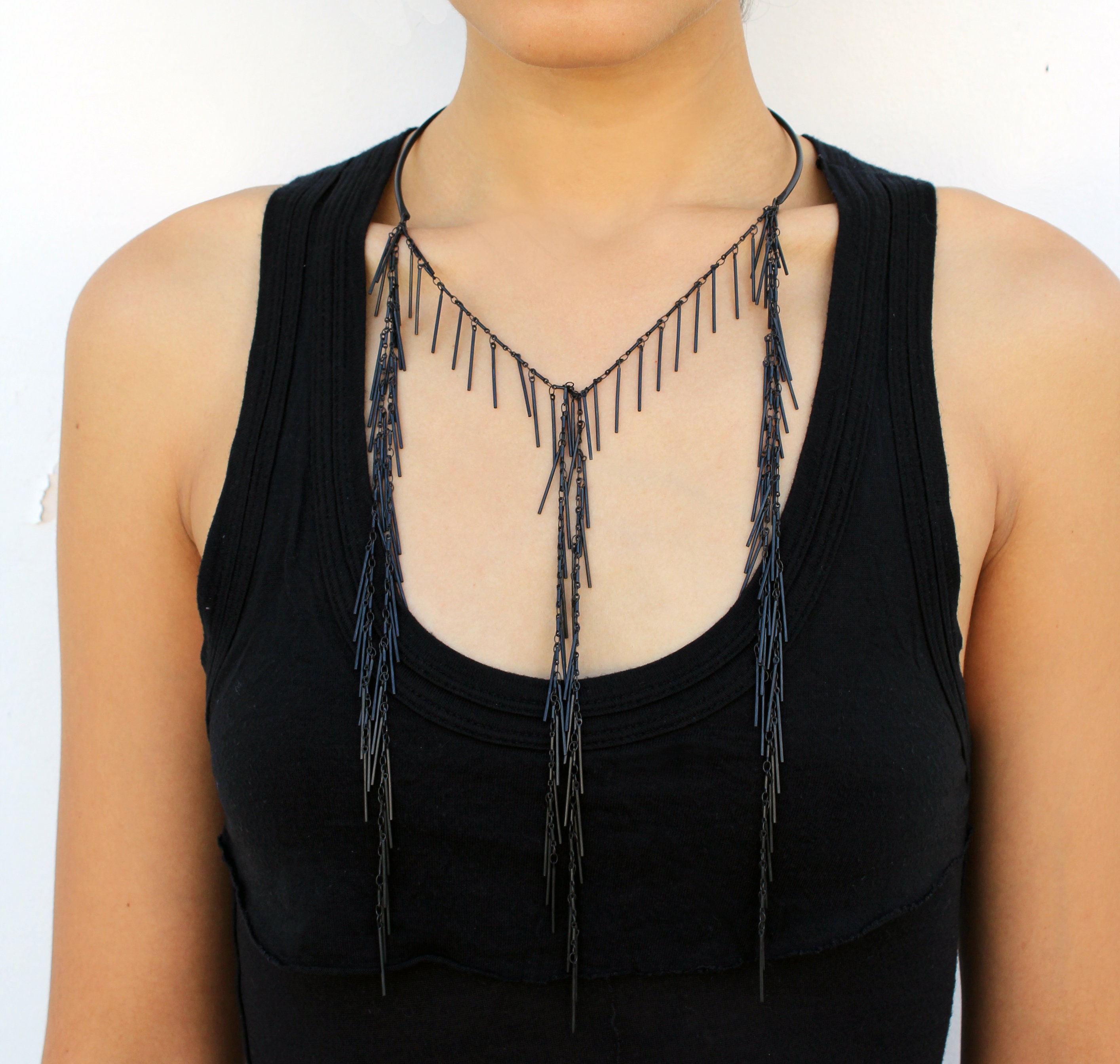 Black Fringe Necklace, Big Necklace, Black Necklace, Long 