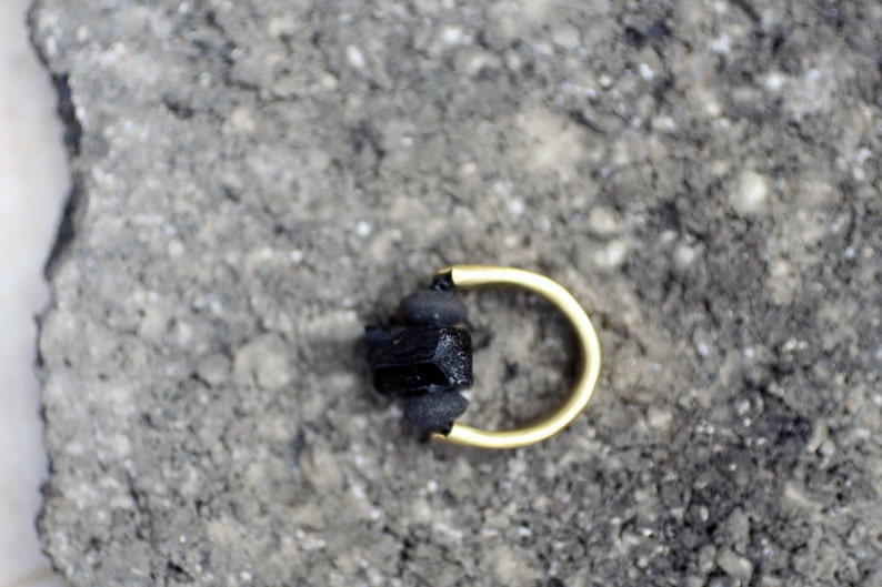 Tourmaline and Brass Ring, Rustic Hammered Brass With A Black Tourmaline Stone and Lava image 2