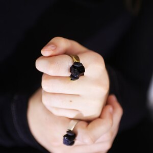 Tourmaline and Brass Ring, Rustic Hammered Brass With A Black Tourmaline Stone and Lava image 3