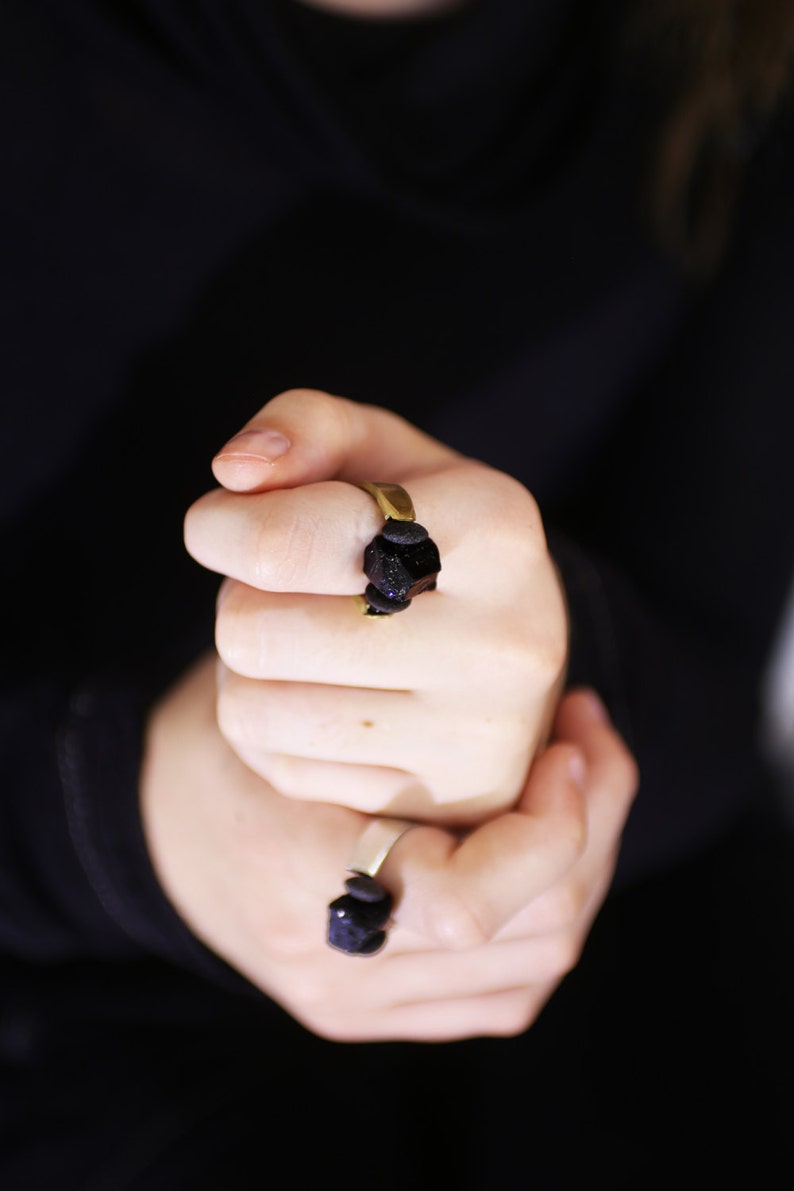 Tourmaline and Brass Ring, Rustic Hammered Brass With A Black Tourmaline Stone and Lava image 3