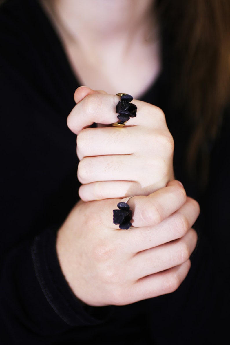 Tourmaline and Brass Ring, Rustic Hammered Brass With A Black Tourmaline Stone and Lava image 4