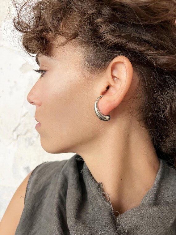 Stud Earrings Curved Teardrop Earrings Chunky Sterling  display picture 1