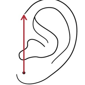 Puede incluir: Un dibujo de l&iacute;nea de una oreja con un punto negro que marca la ubicaci&oacute;n para un piercing de h&eacute;lice.
