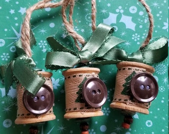 Christmas Ornament - Vintage Wooden Spools with burlap Christmas tree ribbon and brown button Set of 3