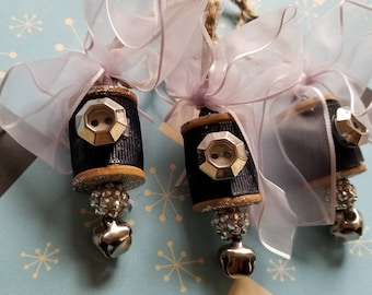 Christmas Ornament - Vintage Wooden Spools with blue and silver ribbon with silver bell and bead- Set of 3