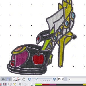 May include: A black and gold embroidered shoe with a red apple design. The shoe has a high heel and a pointed toe. The heel is decorated with a gold crown.