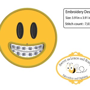 May include: A yellow smiley face with braces, 3.91 inches in size, with a stitch count of 7,039. The image includes the text "Sweet as Lemon and Honey" and "Embroidery and Digitizing".