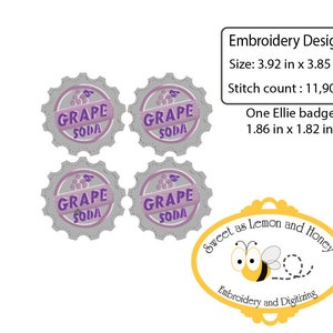 Könnte beinhalten: Vier gestickte Designs von einem Traubensoda-Flaschenverschluss in Lila und Silber. Das Design ist 3,92 Zoll mal 3,85 Zoll groß und hat 11.903 Stiche. Das Design enthält auch ein separates Abzeichen, das 1,86 Zoll mal 1,82 Zoll groß ist. Das Design stammt von Sweet as Lemon and Honey Embroidery and Digitizing.