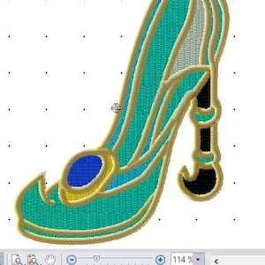 May include: An embroidered design of a high-heeled shoe. The shoe features a teal upper with gold trim and a black heel. A blue oval jewel is on the toe. The image is 7.3 x 9.4 cm.