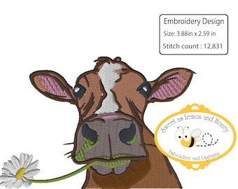 New Embroidery File :Cute cow with Daisy 3 sizes