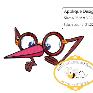 May include: Embroidered applique design of a red bird wearing glasses, with a pink beak and a yellow and orange eye. The design is labeled "Sweet as Lemon and Honey Embroidery and Digitizing" and includes the size 6.95 inches by 3.82 inches and stitch count 21,222.