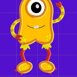 May include: A cartoon-style embroidered monster with one large eye, yellow body, and red accents. The monster has a smiling mouth with two teeth, yellow and red striped arms, and red legs with yellow feet. The image dimensions are 2.583 x 3.905 inches.