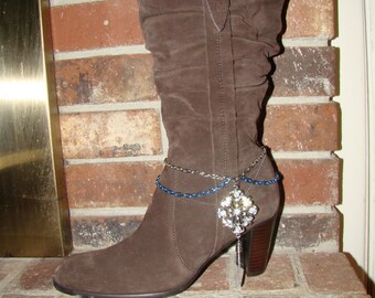 Crystal Pendant with Silver and Blue Chain Draped Boot Bracelet Ankle Jewelry Gift for Her