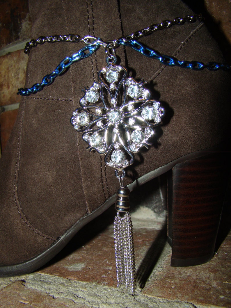 Crystal Pendant with Silver and Blue Chain Draped Boot Bracelet Ankle Jewelry Gift for Her